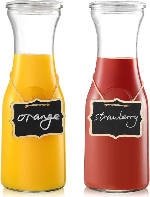 Set of 2 Glass Carafe with Lid, 1 Liter Beverage Serveware Carafe, Clear Glass P