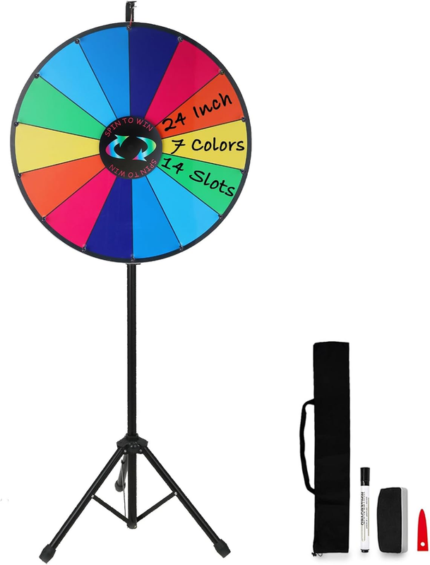 Spinning Prize Wheel 24 Inch with Folding Tripod Floor Stand 44”- 60” Height Adjustable 14 Slots Color Spin Wheel Spinner Game with Dry Erase & Marker Pen for Trade Show