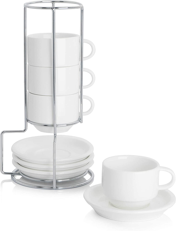2.5 Ounce Porcelain Stackable Espresso Cups with Saucers and