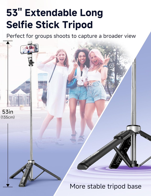 Selfie Stick with 2 Fill Light, 53'' Tripod for Cell Phone with Wireless Remote,
