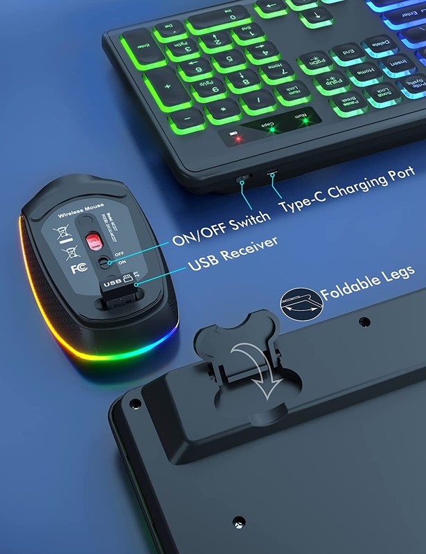 Wireless Keyboard and Mouse Combo Backlit Rechargeable RGB Light Up Letters