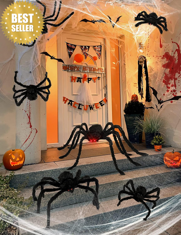 Halloween Spider Decorations 6 PCS Scary Giant Spiders Set Realistic Red Eyes an
