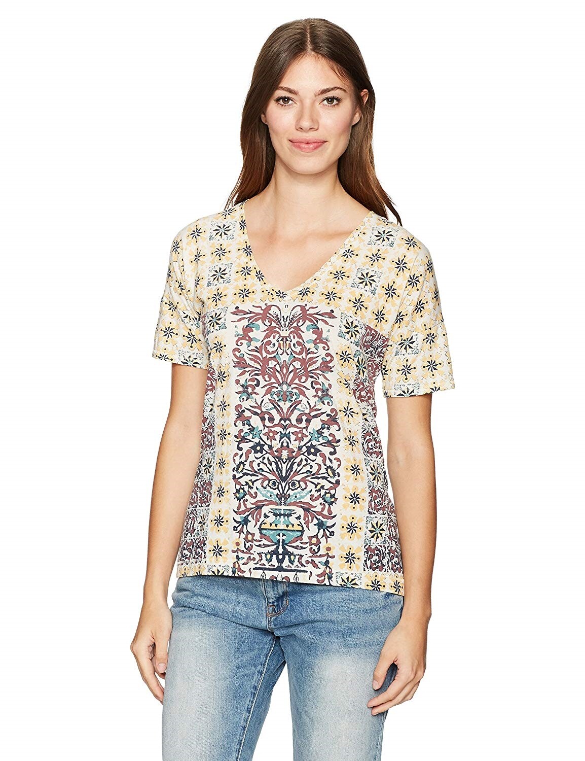 Lucky Brand 153763 Women's Morrocan Tile Rug V-Neck Tee Multi Color Sz. X-Small