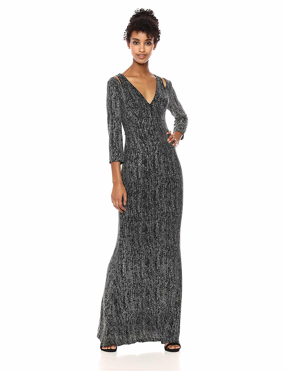 

Calvin Klein NWT Изысканное черно-серебристое платье с длинными рукавами и вырезом на плечах, размер, Black and silver