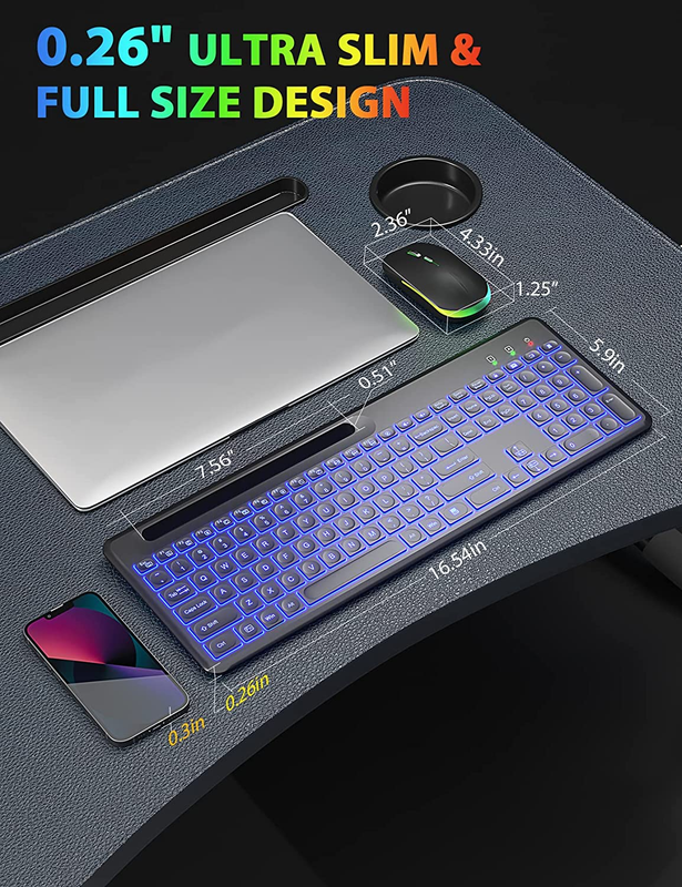 Wireless Keyboard and Mouse 7 Backlit Effects Quiet Light Up Keys Sleep Mode