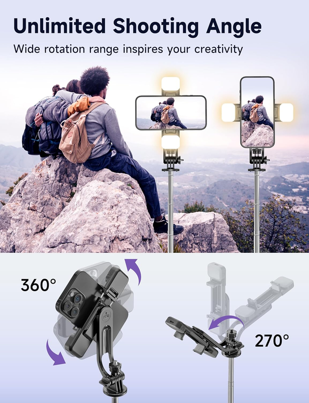 Selfie Stick with 2 Fill Light, 53'' Tripod for Cell Phone with Wireless Remote,