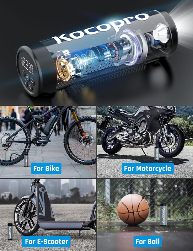 Bike Pump Electric, Kocopro Portable Air Pump for Bike, Mountain Bike, Road Bike