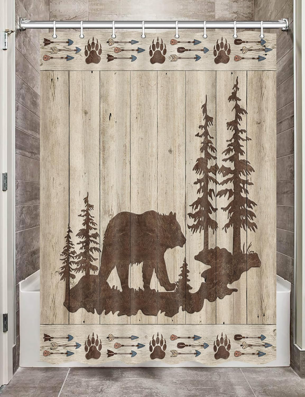 Bear RV Shower Curtains for Bathroom, Wild Animals Rustic Cabin Forest Stall Bat