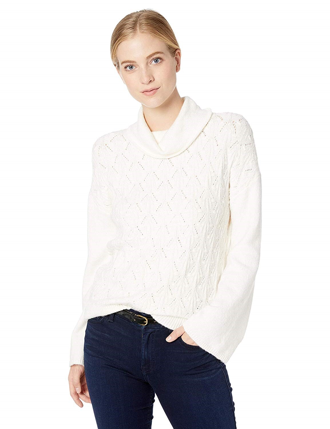 Lucky Brand 168018 Womens Pointelle Turtleneck Sweater Cream Size X-Small