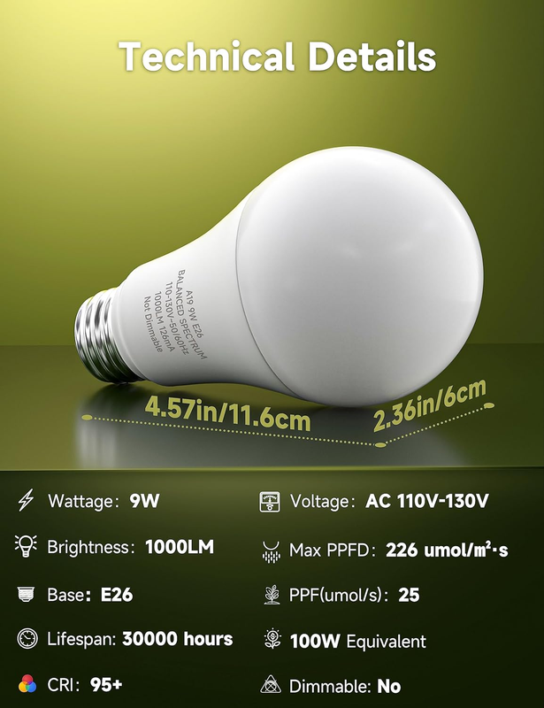 Grow Light Bulbs, A19 Grow Light Bulb, Full Spectrum Light Bulb, Plant Light Bul