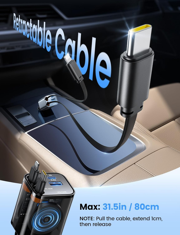 4 in 1 Retractable Car Charger Adapter - 69W [Voltage Display] [50% Smaller] Fas