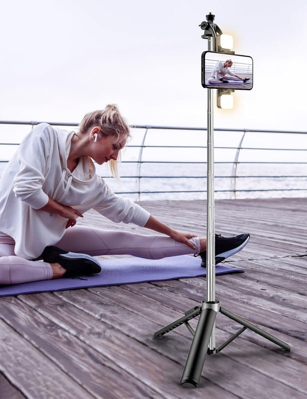 Selfie Stick with 2 Fill Light, 53'' Tripod for Cell Phone with Wireless Remote,