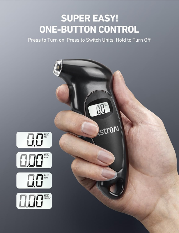 Digital Tire Pressure Gauge with Replaceable AAA Batteries, 150 PSI 4 Settings I