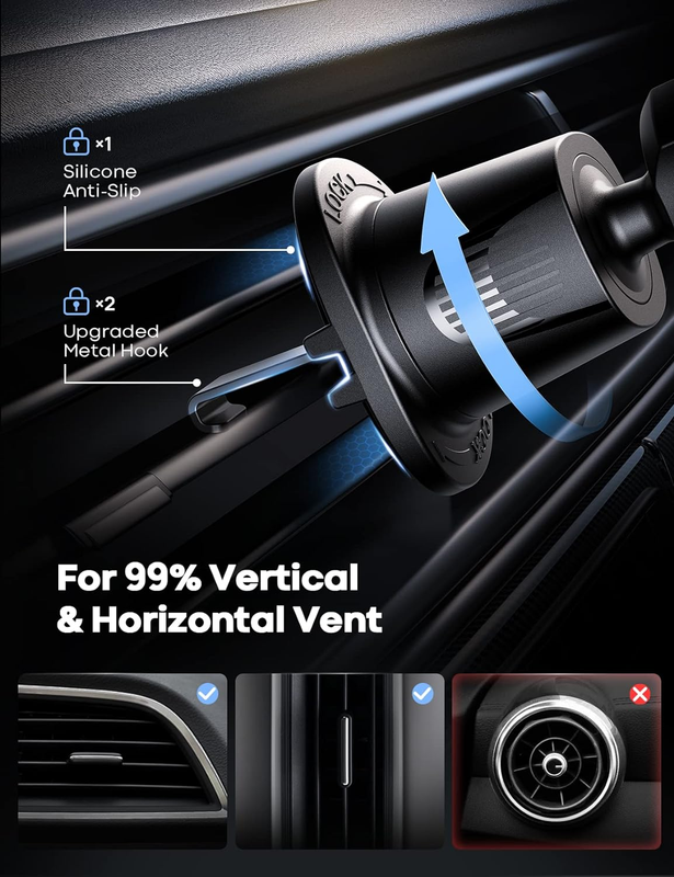2025 Wider Clamp & Metal Hook Car Phone Holder Vent [Thick Cases Friendly] Phone