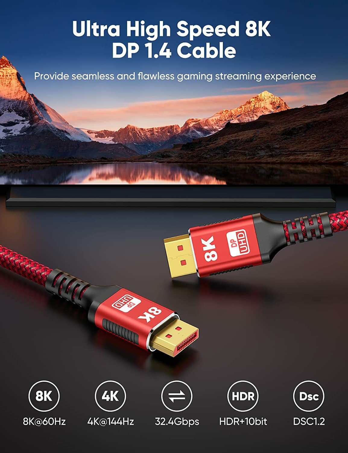 UHD 8K DisplayPort 10FT Cable 8K@60hz, 4K@144hz32.4Gbps, HDR, HBR3 DP to DP Cord