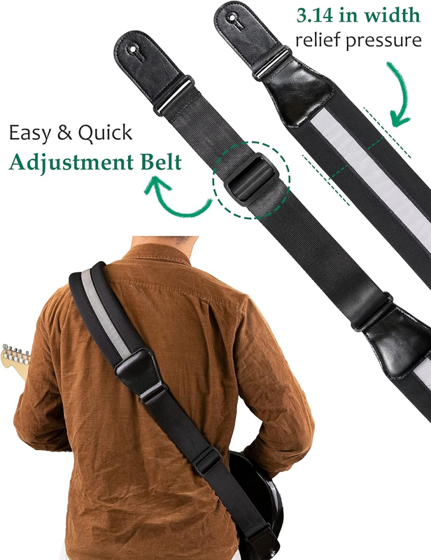 Neoprene Guitar Strap W/Memory Foam, 3'' Width Leather Ends, Adjustable from 43'