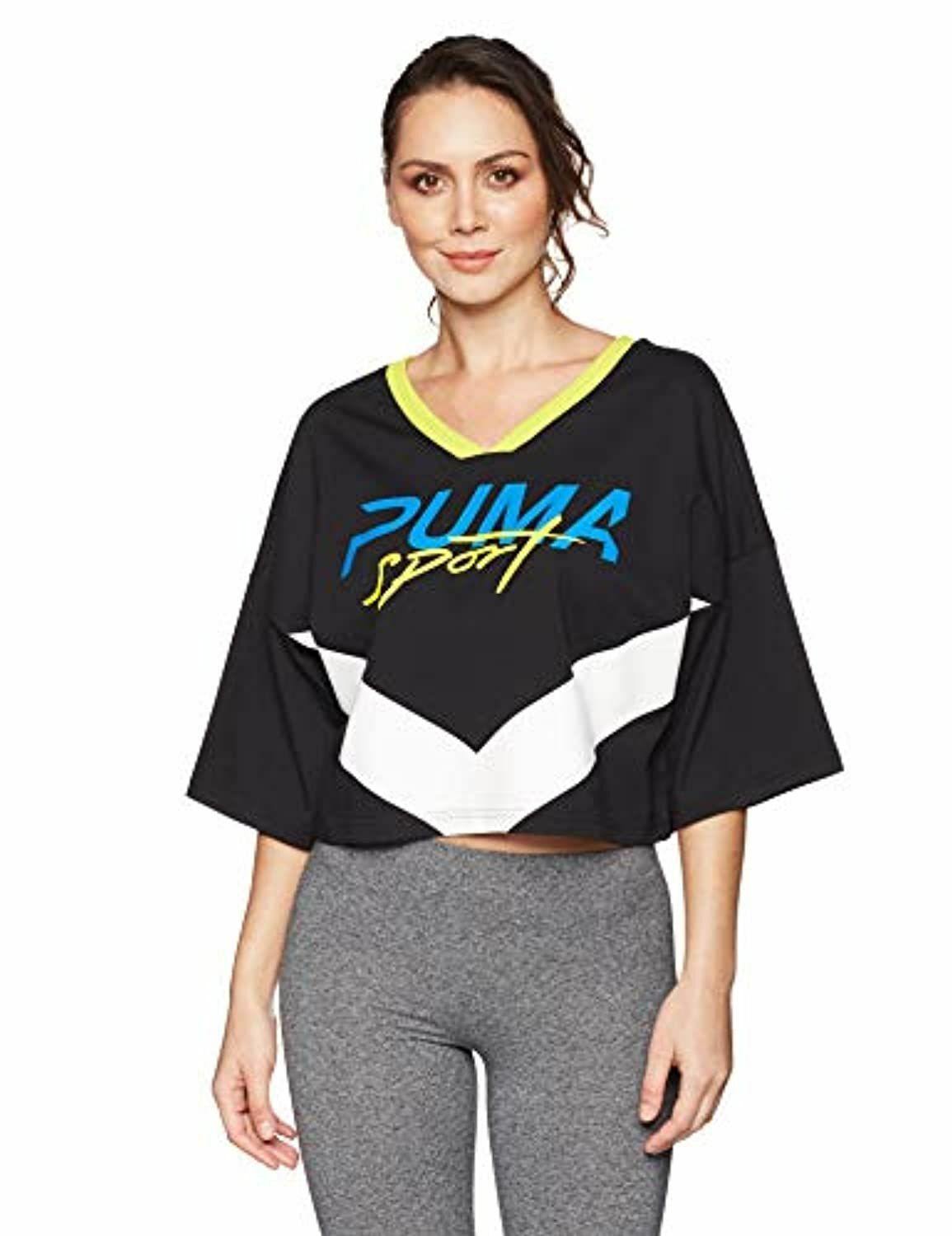 

Puma Xtreme Cropped V-образный вырез Футболка женская черно-белая повседневная одежда Футболка, Черный