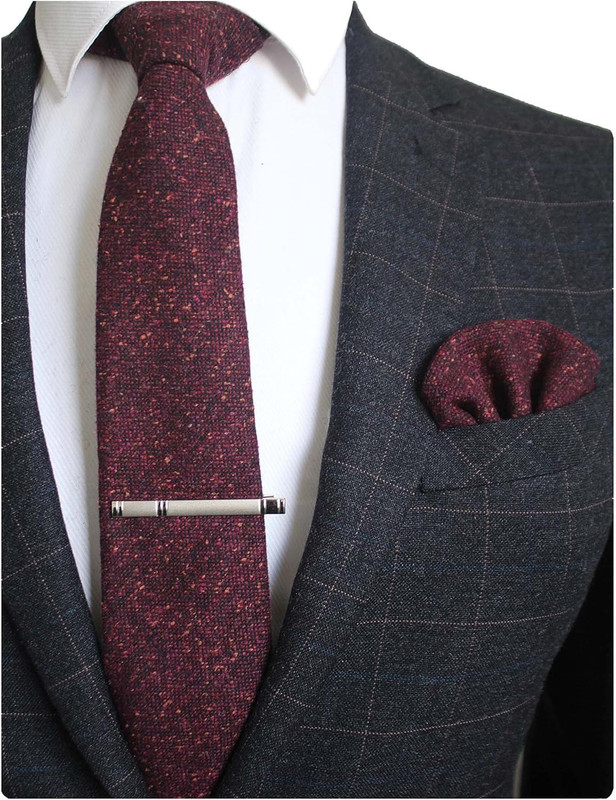 Solid Color Cashmere Wool Necktie and Pocket Square Tie Clip