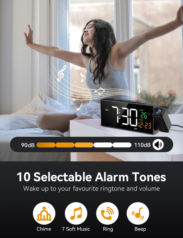 Projection Alarm Clock, Digital Clock with 350° Rotatable Projector, Date Temper