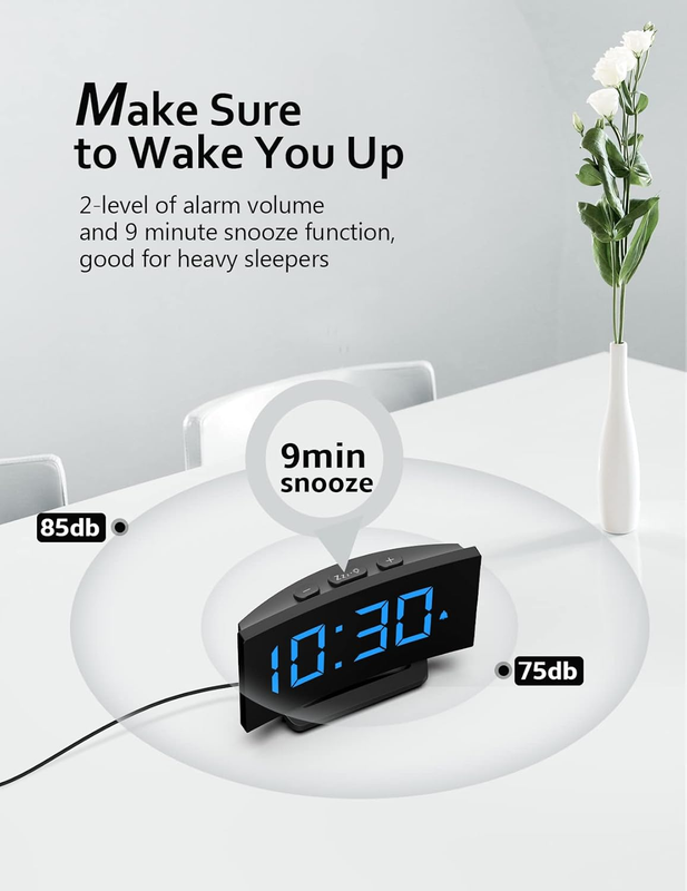 Digital Alarm Clock for Bedrooms, Modern Curved Design, Conspicuous Blue LED Num