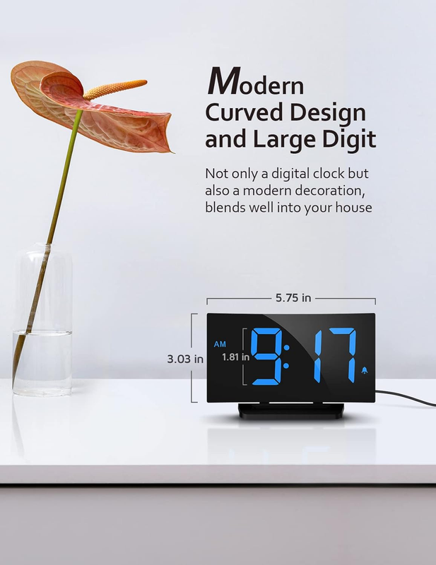 Digital Alarm Clock for Bedrooms, Modern Curved Design, Conspicuous Blue LED Num