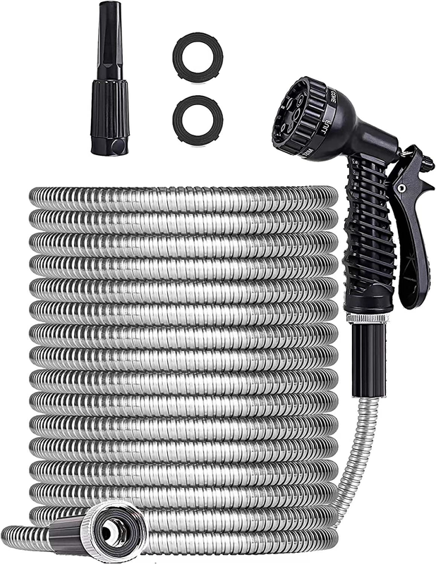 50ft, Stainless Water Hose With Adjustable Nozzle Sprayer, H