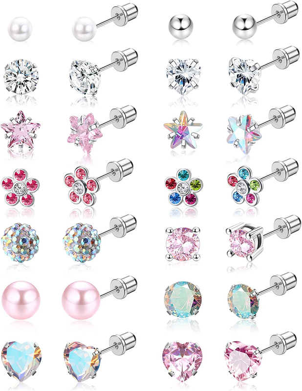 14 Pairs Hypoallergenic Screw Back Stud Earrings for Women Surgical Steel Tiny C