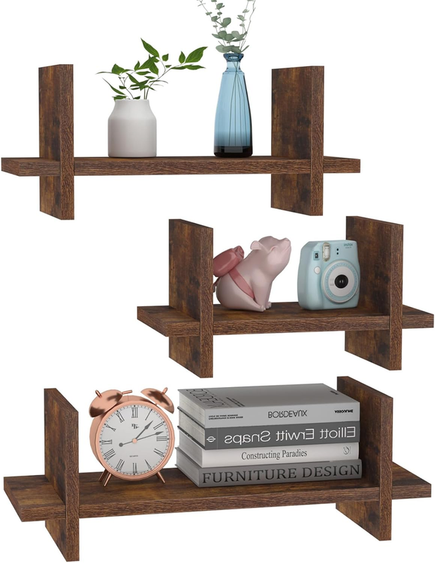 Brown Floating Wall Shelves Set of 3, Hanging Storage Shelf Small Book Shelf Boo