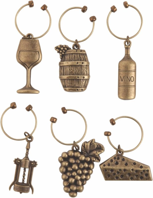 Twine Antiqued Farmhouse Decor Wine Charms and Drink Markers for Wine Glasses, 6