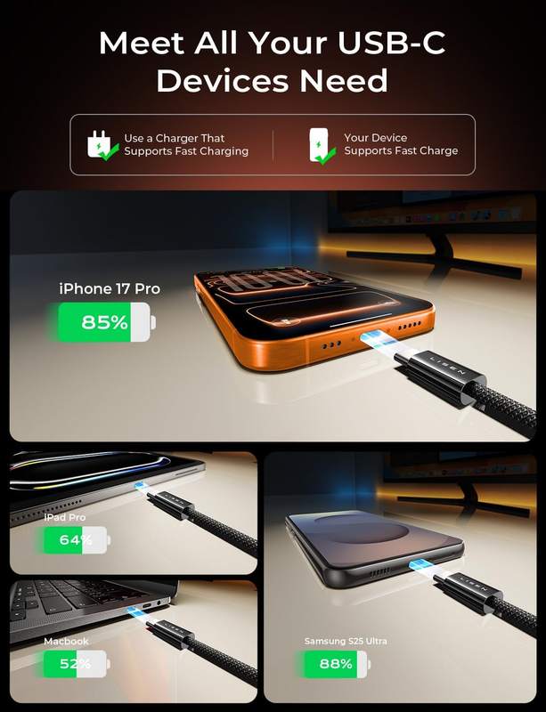 USB C to USB C Cable 60W, [4 Pack, 1.6ft+3.3ft+6.6ft+6.6ft] iPhone 17 Charger Ca