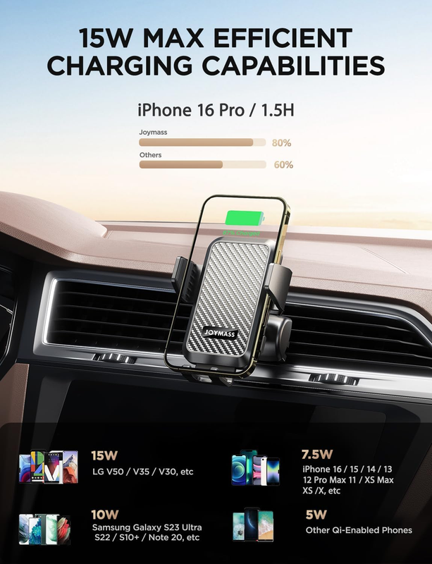 Wireless Car Charger, Phone Holders, 15W Auto Clamping Phone Mount Car Accessori