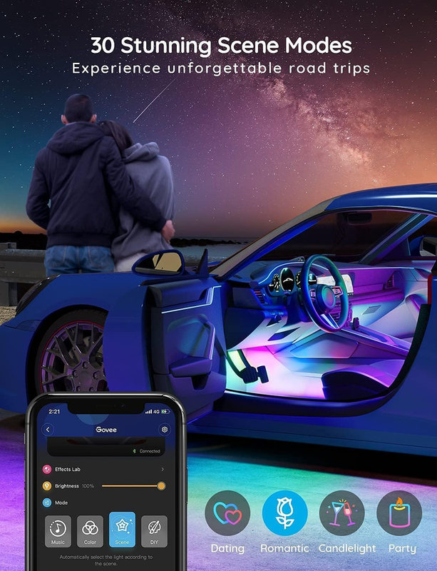 RGBIC Car LED Strip Lights, Smart Interior Car Lights with 4 Music Modes, 30 Sce