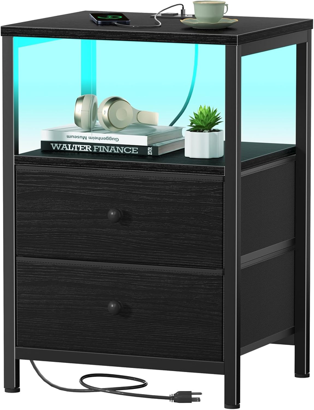 Black Nightstand with Charging Station, LED Night Stand with 2 Fabric Drawers, Bedside Table with USB Ports and Outlets, Nightstand for Bedroom Modern