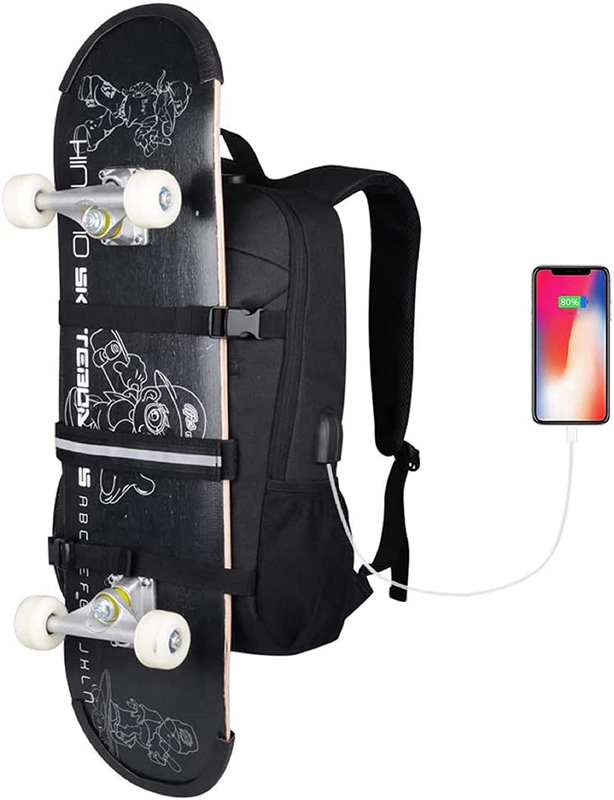 Backpack for Skateboard with USB Charging Port, Anti-Theft Lock, Water Resistant