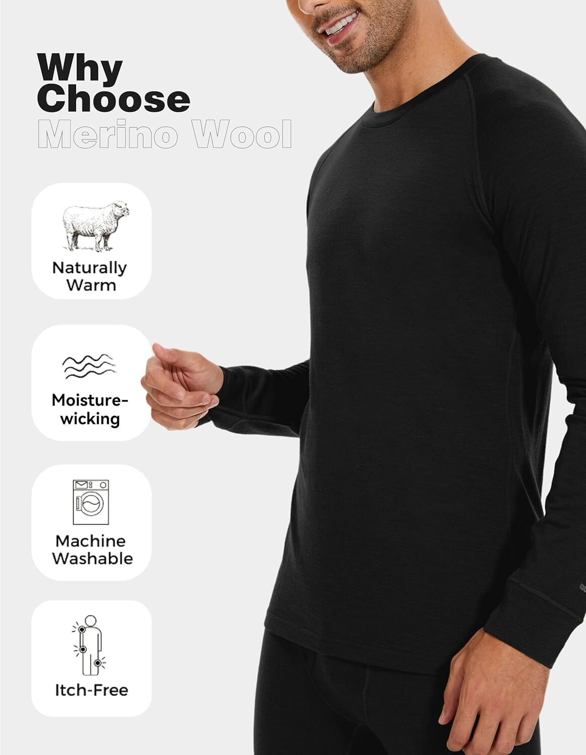 Men's 100% Merino Wool Base Layer Top Winter Warm Thermal Underwear Shirts UT