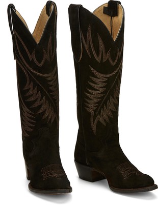 Pre-owned Justin Boots Justin 15in Womens Black Suede Clara Leather Cowboy Boots