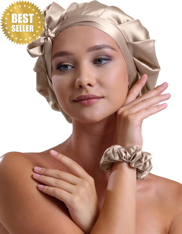 100% Pure 22 Momme Mulberry Silk Sleep Bonnet for Women Hair with Adjustable Rib