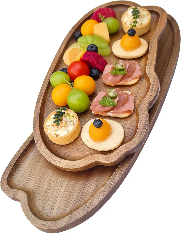 Set of 3 Acacia Wood Trays, Oval Serving Trays, Decorative Dishes for Fruit, Sal