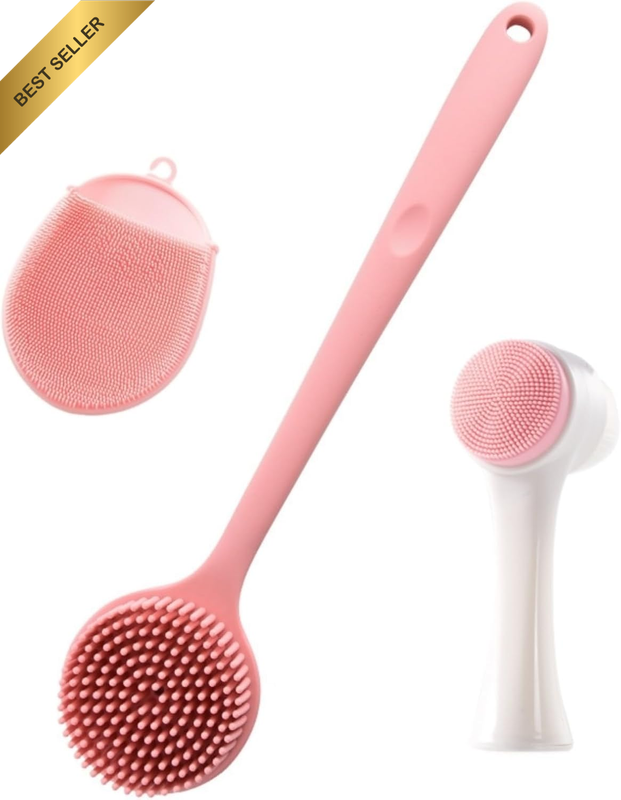 Pink 3-In-1 Silicone Bath Set: Long Handle Body Scrubber + Double-Sided Face Cle
