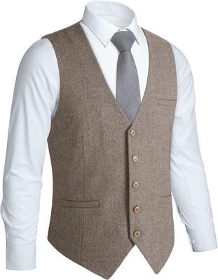 HISDERN Men's Herringbone Tweed Vest British Wedding Premium Wool Blend Suit Ves