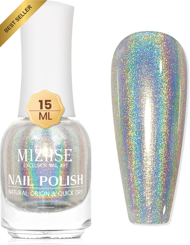 Silver Holographic Glitter Nail Polish 15ml Fast Dry High Gloss Shine