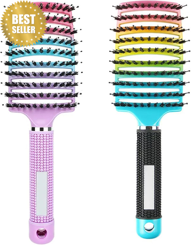 2Pcs Boar Bristle Hair Brush, Wet & Dry Hair Brushes, Curved and Vented for Wet