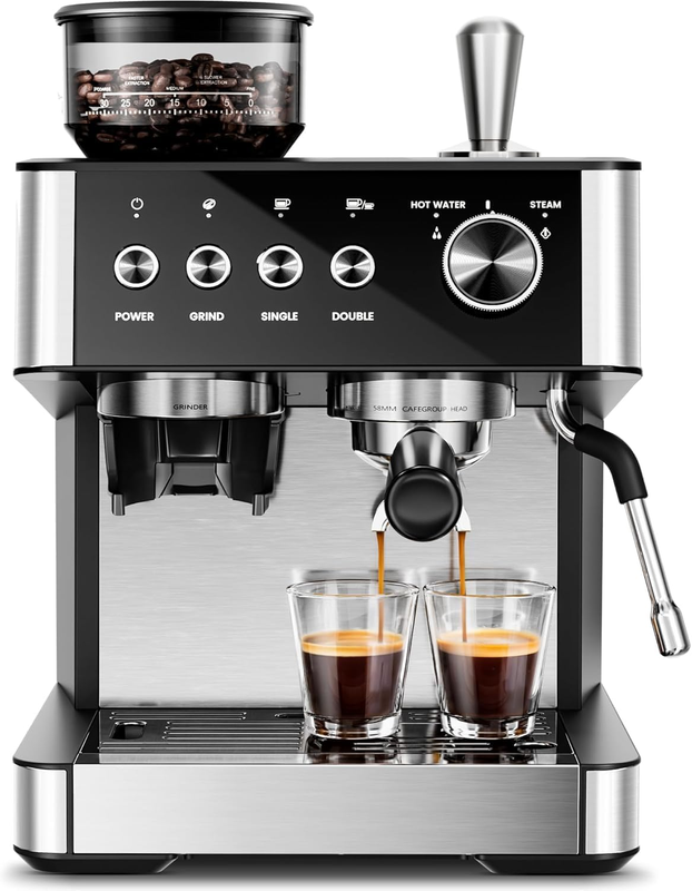 15 Bar Espresso Machines with Grinder, Professional Espresso Maker with Removable Water Tank, Milk Frother Steam Wand for Latte&Cappuccino,Hot Water Function for Home (Black)