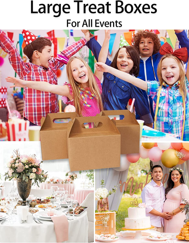 30 CT 9X6X6 Large Box Lunch Boxes Cardboard Paper with Handles Kraft Brown, Gabl