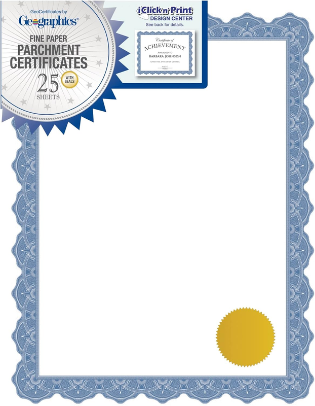 25Pk Blue Award Certificate Paper 8.5x11 Gold Foil Seals Blank...