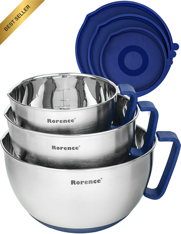 Mixing Bowls Set: Stainless Steel Non-Slip Bowls with Pour Spout, Handle and Lid