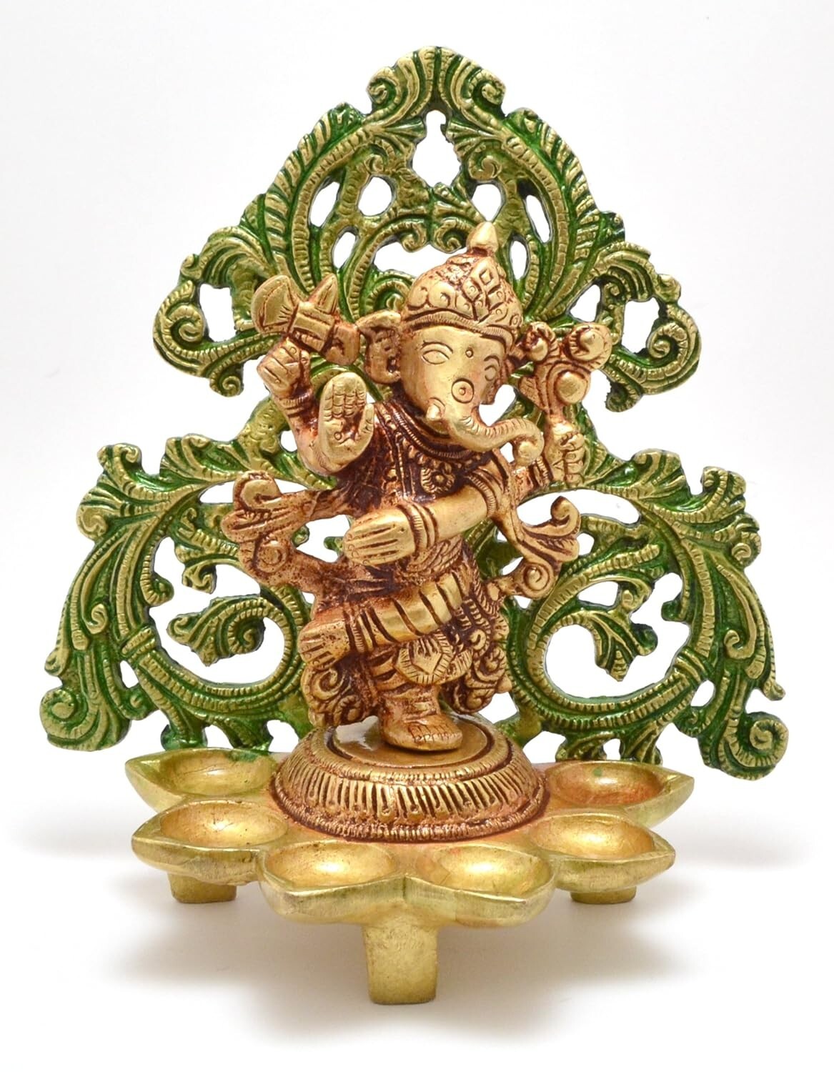 ユー 7 Inches Brass Dancing Ganesha Design Diya with 6 Oil Wicks