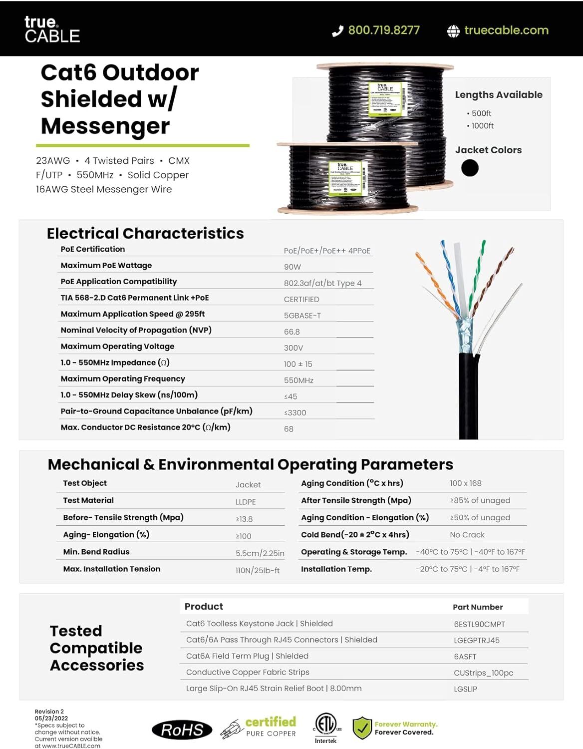 AERIAL MESSENGE 50Ft-350Ft Cat6 23AWG FTP Shielded Outdoor Network Copper Cable
