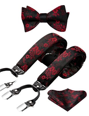 Red Bow Tie and Suspenders for Men Floral Paisley Suspenders Adjustable Stron...