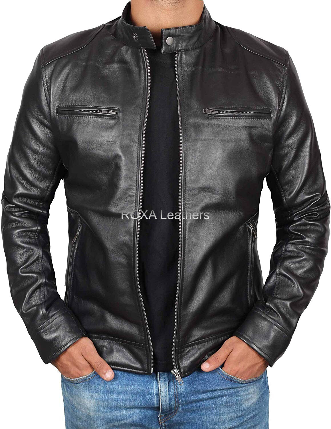 New men Genuine Lambskin Leather Jacket Black Slim Fit Biker Motorcycle Jacket